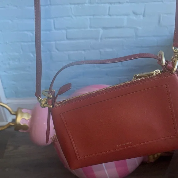 ZAC POSEN Leather Crossbody Bag Brown Gold Chain Strap Chic Small Purse - Picture 5 of 7